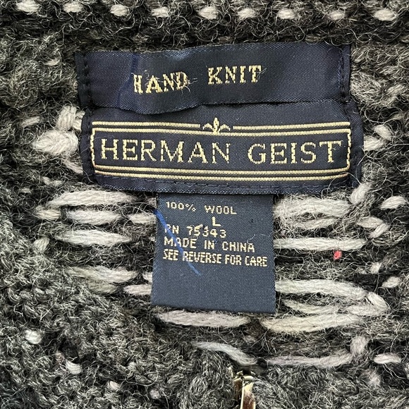 Herman Geist Hand Knit 100% Wool Zippered Cabincore Sweater Cardigan Size Large - Picture 9 of 13